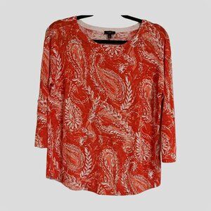 Talbots Lightweight Sweater Open Crewneck Brushed Paisley Orange White Petite S